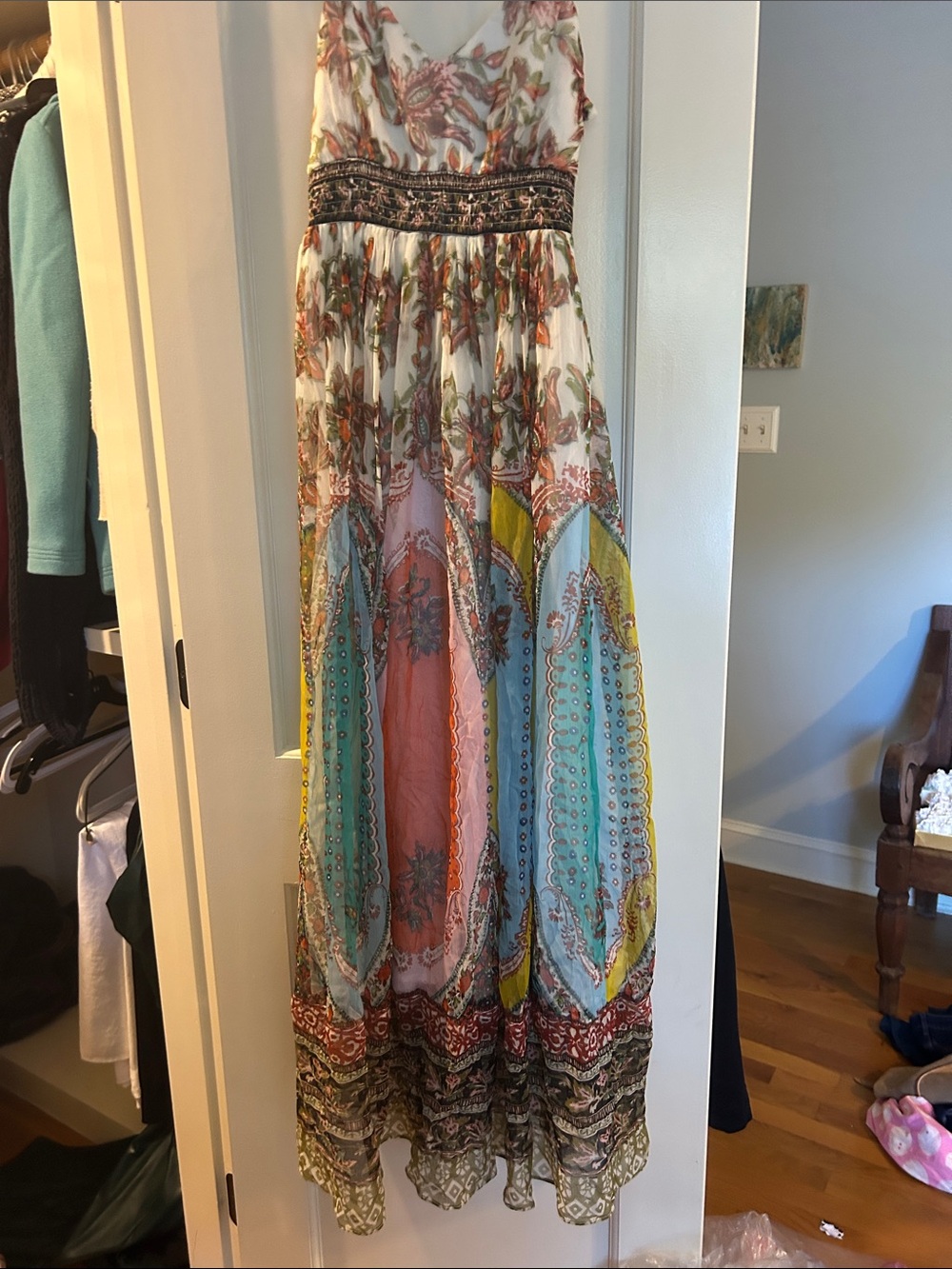 Anthropologie Multicolor Paisley Maxi Skirt in White, Pink, Blue, Yellow
